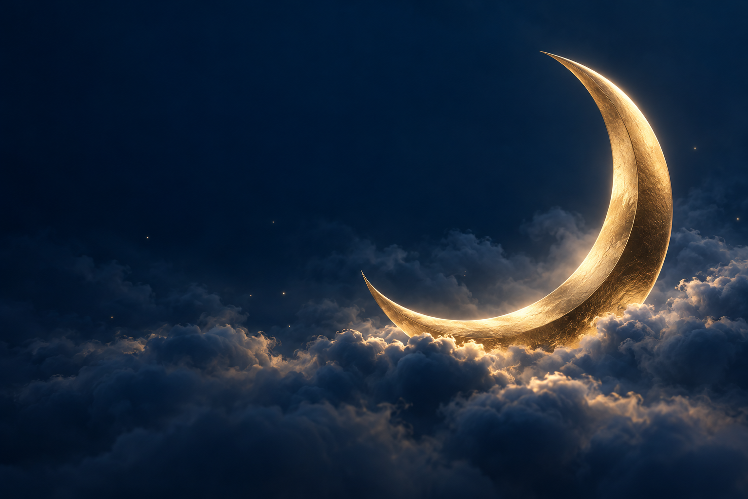 Une lune dorée flottant au-dessus de nuages bleu marine.